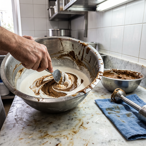 Pasta di nocciola mescolata con la spatola nella miscela bianca per gelato in una bacinella d'acciaio su piano di marmo