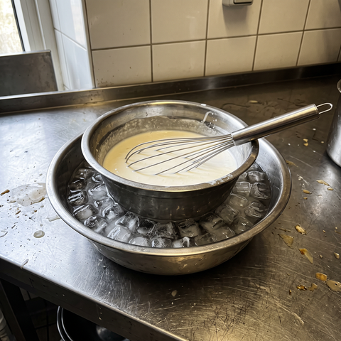 Miscela bianca per gelato che si raffredda in una bacinella d’acciaio immersa in acqua e ghiaccio su un banco da laboratorio