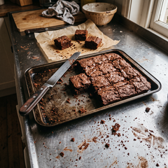 Teglia di brownie al cioccolato tagliata in quadrotti uguali con un coltello lungo su un banco d'acciaio