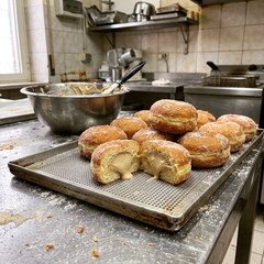 Bomboloni fritti e zuccherati su teglia forata, uno tagliato a metà con ripieno di crema color cappuccino, ciotola d'acciaio vicino alla friggitrice