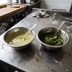 Due ciotole a confronto con crema al pistacchio morbida e crema densa