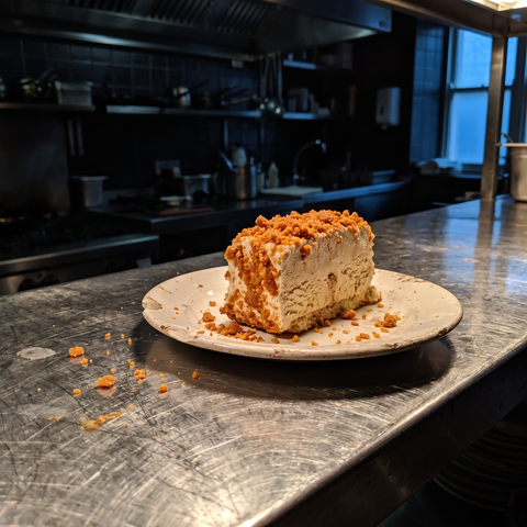 Fetta di semifreddo alla vaniglia ricoperta di granella croccante al caramello sul passe di una cucina