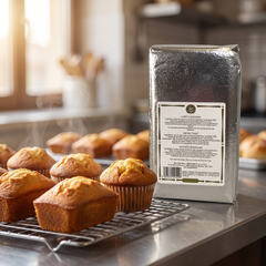 Lievito Istantaneo Giovanna 1kg su banco da laboratorio con plumcake e muffin appena sfornati