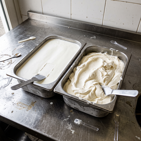 Due bacinelle d’acciaio affiancate con gelato bianco compatto e gelato bianco più cremoso con spatole e cucchiaini da assaggio