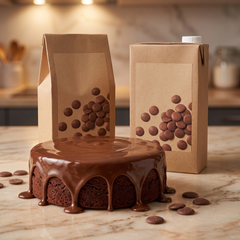Surrogato di Cioccolato al Latte Nutkao 12kg su banco pasticceria con torta glassata