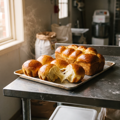 Brioche appena sfornate su banco da laboratorio con mollica alveolata