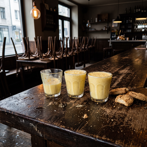 Tre bicchieri di crema allo zabaione con biscotti secchi sul bancone di legno di un bar chiuso con le sedie capovolte