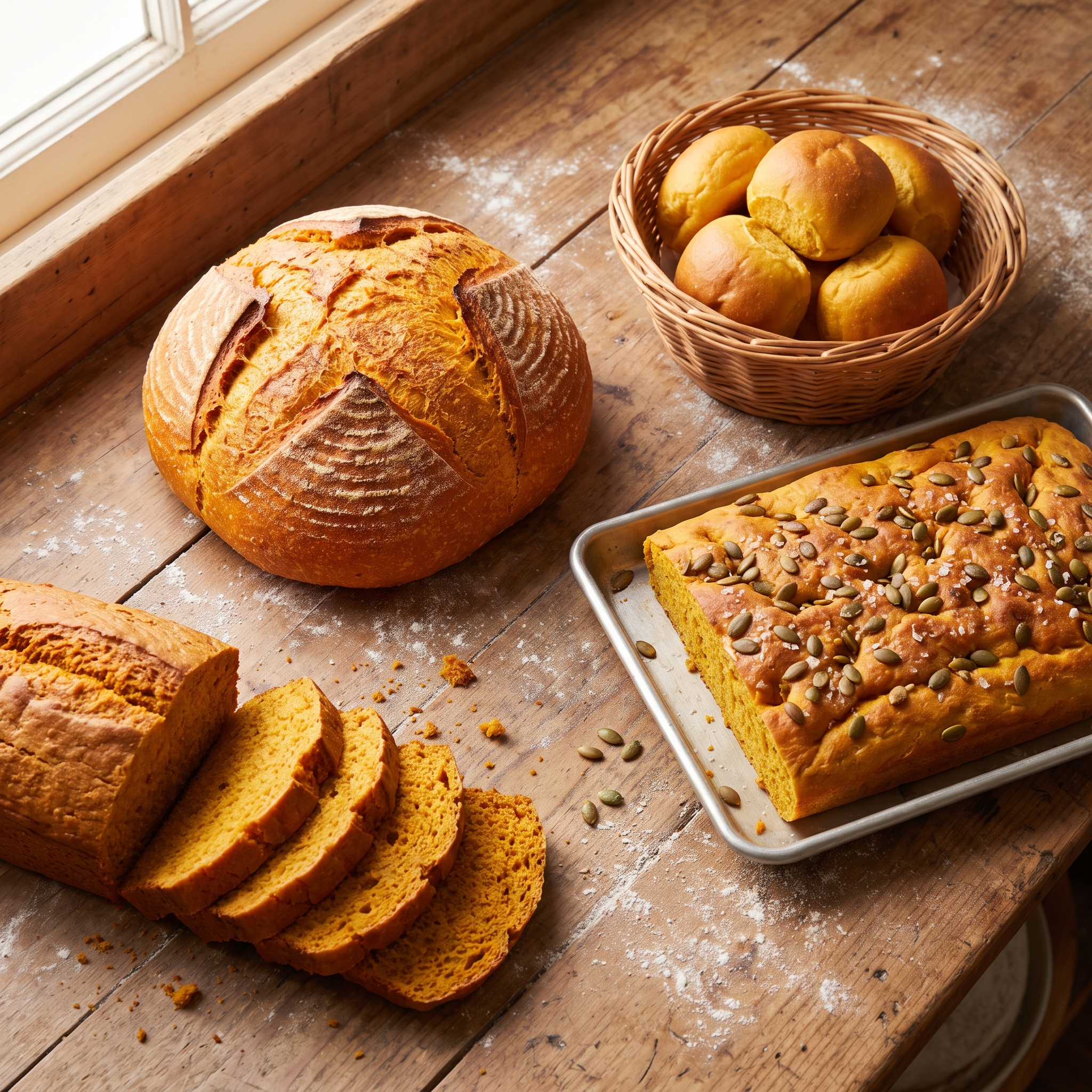 Sei prodotti dal nucleo alla zucca: pagnotte, panini da servizio, focaccia e grissini