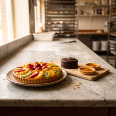 Crostata di frutta lucidata, torta al cioccolato e crostatine all'albicocca