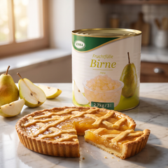 Farcitura alle Pere Senna 70% Frutta 2,7kg con crostata alle pere su piano di marmo