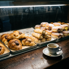 Vetrina di un bar vista dal lato cliente all'alba con cornetti, cannoncini e bomboloni farciti al cioccolato e alla crema, tazzina di caffè sul banco di legno
