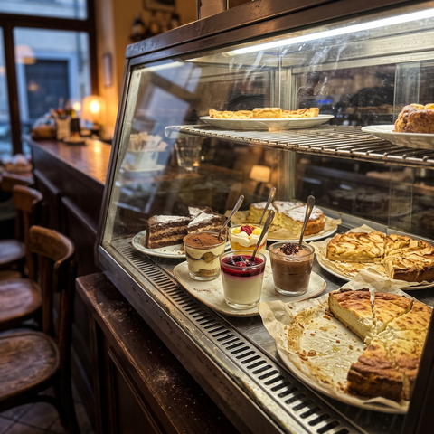 Vetrina refrigerata di un bar con dolci al cucchiaio in bicchiere, torte a fette e crostate la sera