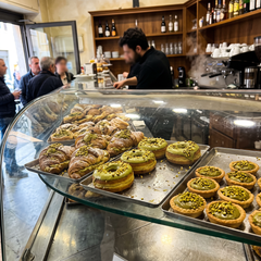 Vetrina del bar con cornetti, ciambelle e crostatine al pistacchio