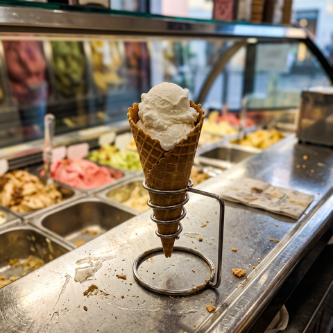 Cono di cialda con gelato fiordilatte appoggiato nel porta coni sul banco di una gelateria con la vetrina sullo sfondo