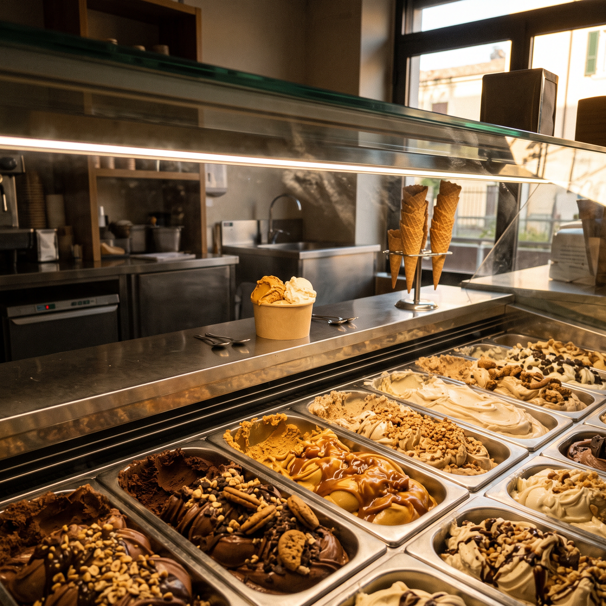Come vendere il gelato variegato croccante al banco: la vetrina che fa scegliere il gusto più caro