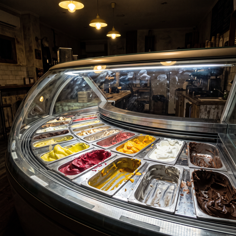 Vetrina di gelateria a fine giornata con sorbetti colorati, yogurt e cioccolato vista dal lato cliente