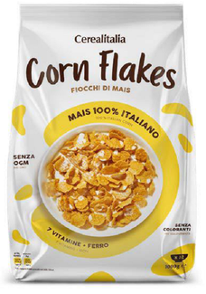 Confezione multipla di dieci buste da 1kg di Cereali Corn Flakes Cerealitalia, con fiocchi di mais dorati e croccanti ben visibili sul packaging.