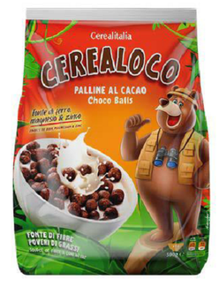 Scatola e confezione di cereali Palline al Cacao Cerealitalia da 500g, box scorta da 16 pezzi ideali per una colazione golosa nel latte.