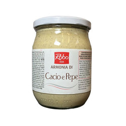 Vaso in vetro di Crema Armonia Cacio e Pepe Robo da 540g, condimento pronto professionale su sfondo neutro