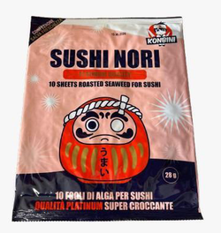Confezione di Alga Nori Yakinori Konbini da 10 fogli tostati per sushi su sfondo neutro