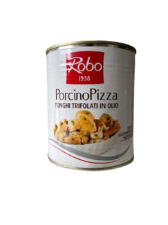 Porcinopizza Funghi Trifolati Olio 780gr Latta Robo – Funghi porcini trifolati in olio, ideali per pizza e piatti gourmet.