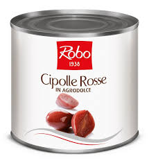 Cipolle Rosse Agrodolce 2500g Latta Robo – Cipolle rosse agrodolci in latta, perfette per piatti freschi e insalate.