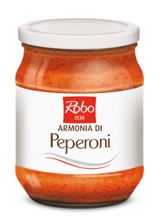 Crema Peperoni Armonia 500g Vetro Robo – Crema di peperoni, ideale per antipasti e piatti estivi leggeri e gustosi.