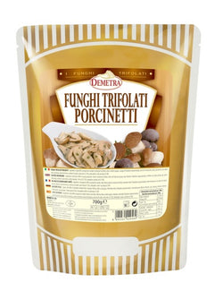 Buste Demetra di funghi porcinetti trifolati da 700 g con funghi cotti in primo piano