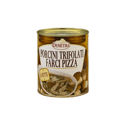 Latta 4/4 di porcini trifolati in pezzi Demetra con funghi porcini cotti su una pizza