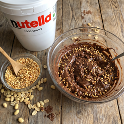 Barattolo Nutella da 3 kg accanto a confezione di granella di arachidi tostate da 1 kg