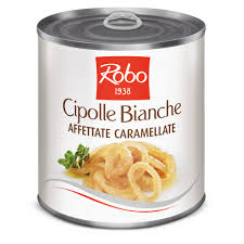 Cipolle Affettate Caramellate 800g Latta Robo – Cipolle caramellate affettate, ideali per contorni e piatti gourmet.