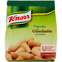 Buste di preparato per crocchette Knorr da 900 g accanto a crocchette di patate dorate