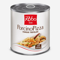 Porcinopizza Funghi Trifolati Crema 800gr Latta Robo – Funghi porcini trifolati con crema, perfetti per pizza e preparazioni gourmet.